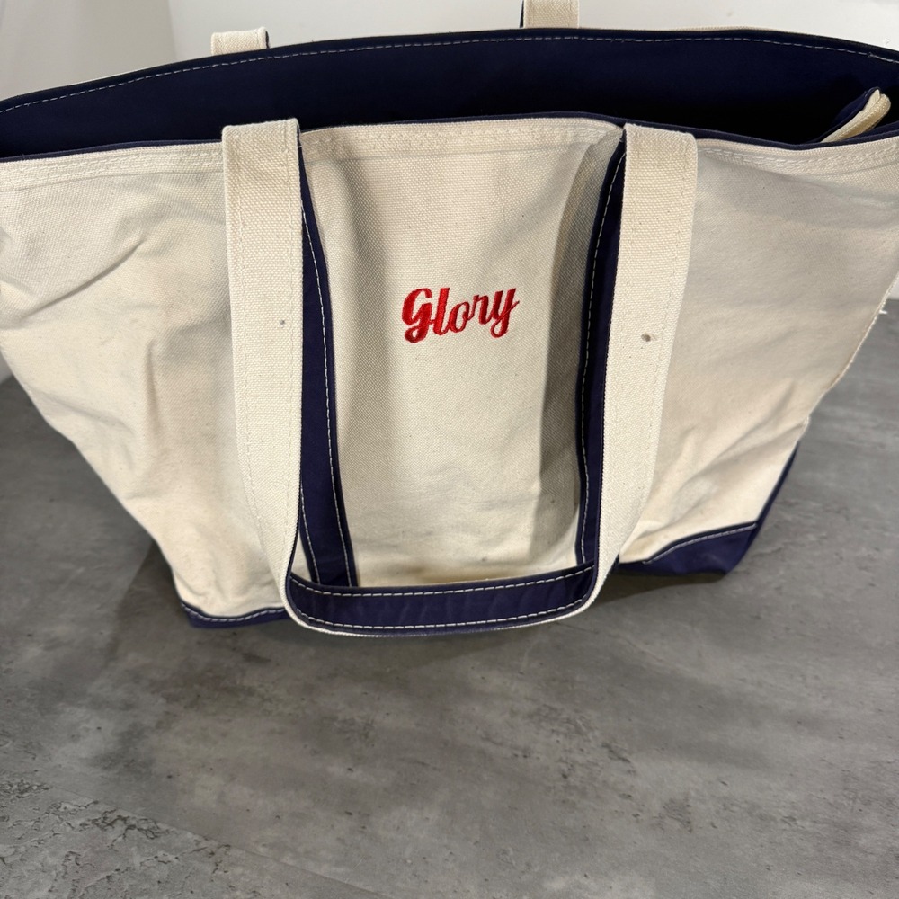 Vintage L.L. Bean‎ Boat and Tote Bag Unisex Large Cream Navy Blue USA Zip Top
